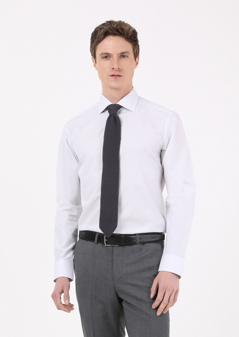 Light Grey Striped Regular Fit Long Weaving Classical 100% Cotton Shirt - 1