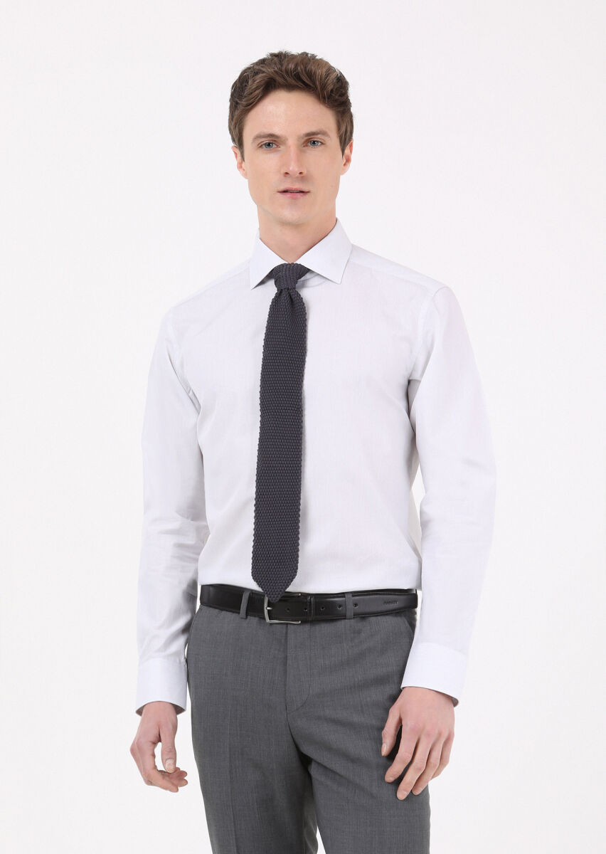 Light Grey Striped Regular Fit Long Weaving Classical 100% Cotton Shirt - 1