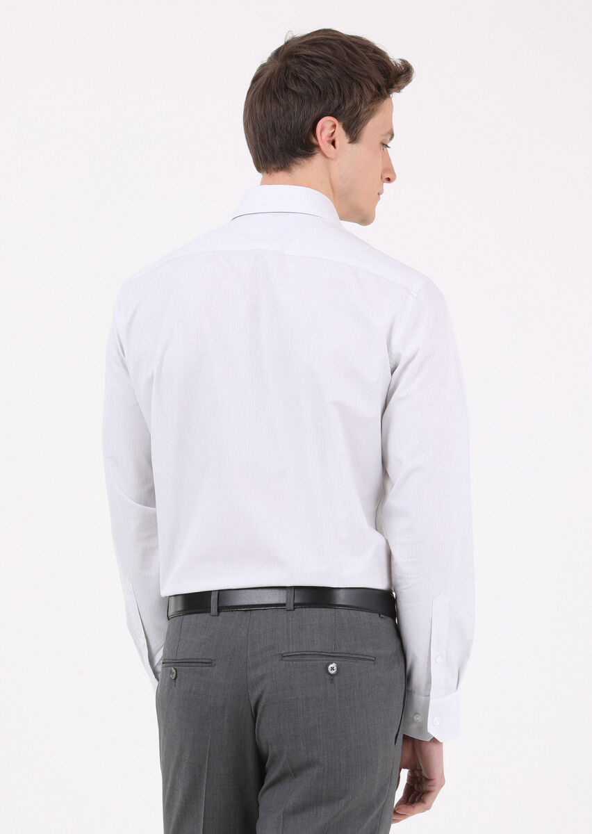 Light Grey Striped Regular Fit Long Weaving Classical 100% Cotton Shirt - 4