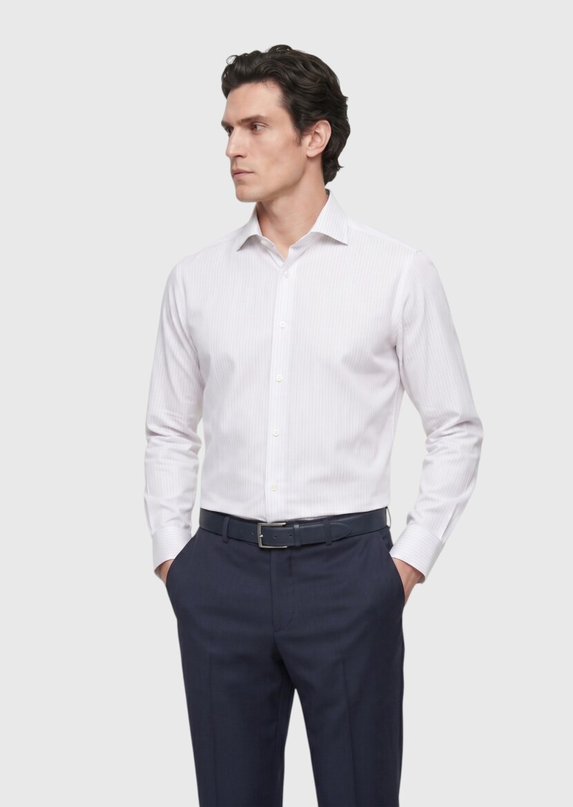 Light Grey Striped Regular Fit Long Weaving Classical 100% Cotton Shirt - 4