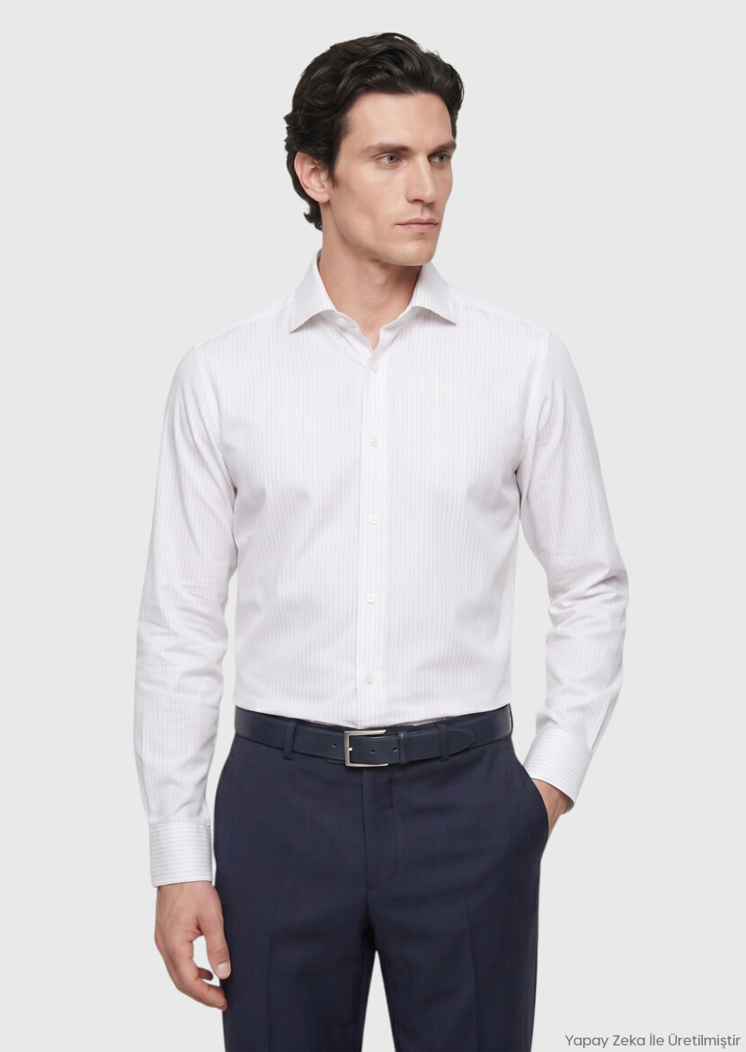 Light Grey Striped Regular Fit Long Weaving Classical 100% Cotton Shirt - RAMSEY