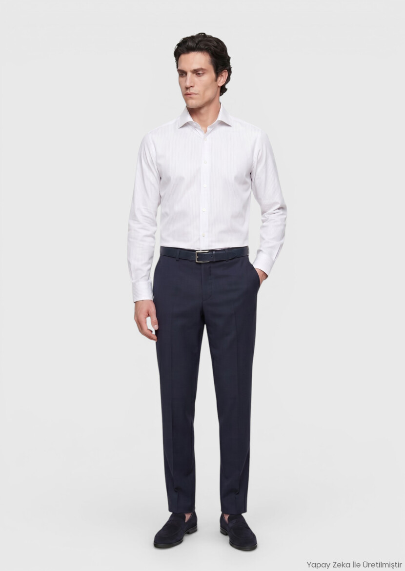 Light Grey Striped Regular Fit Long Weaving Classical 100% Cotton Shirt - RAMSEY