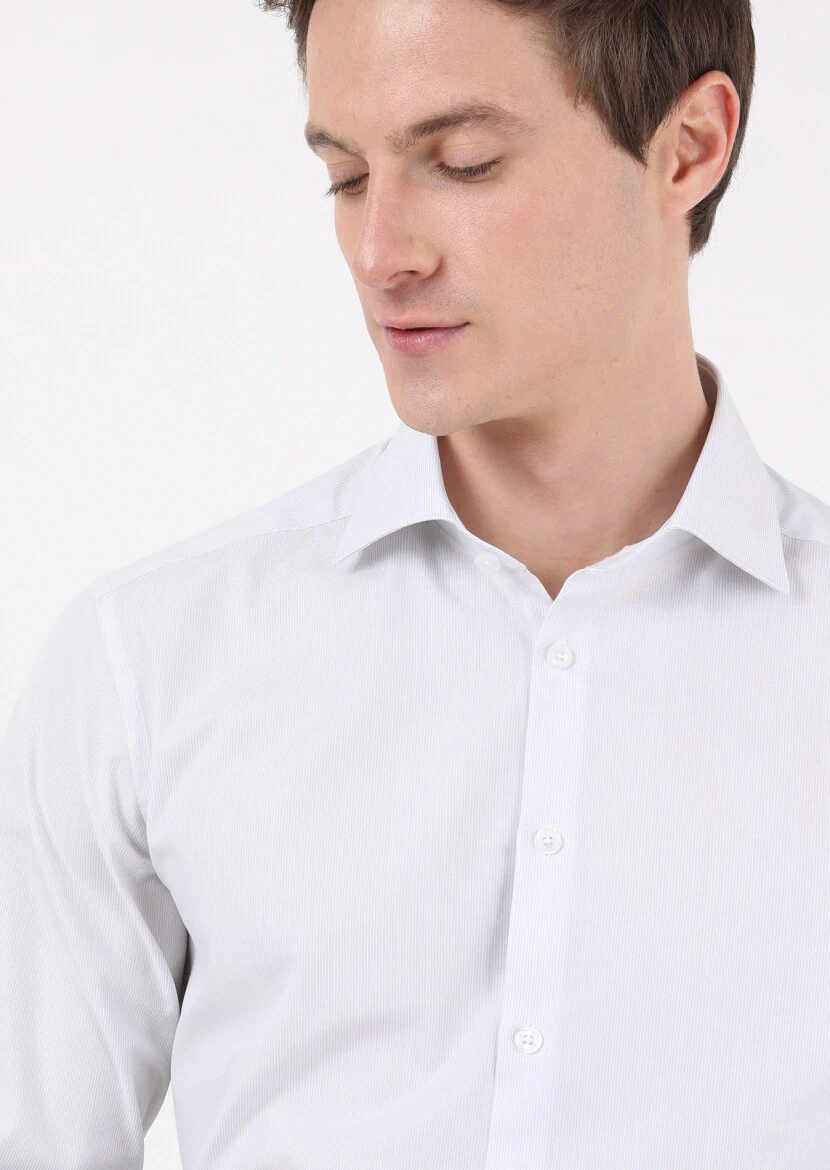 Light Grey Striped Regular Fit Weaving Classical 100% Cotton Shirt - 2