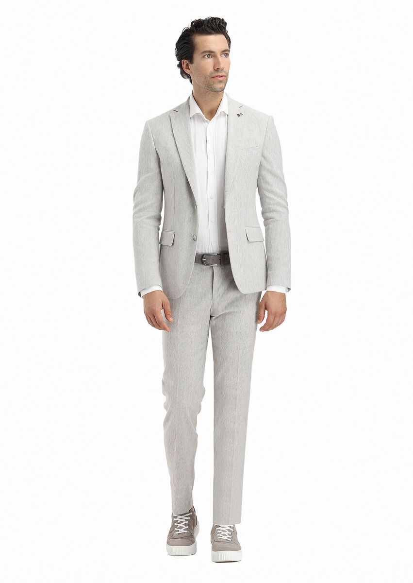 Light Grey Striped Zeroweight Slim Fit Cotton Blended Suit - 1