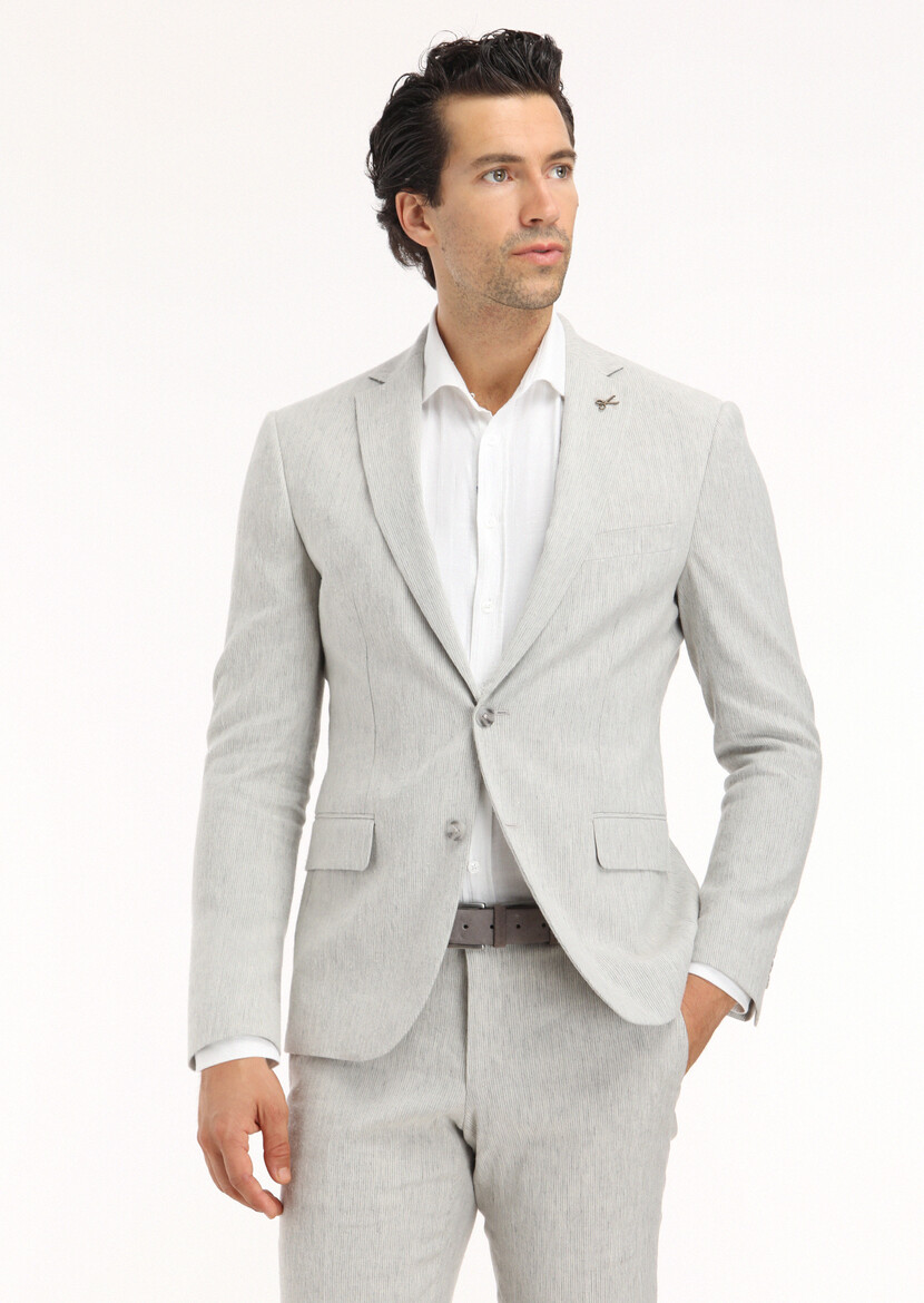 Light Grey Striped Zeroweight Slim Fit Cotton Blended Suit - 2