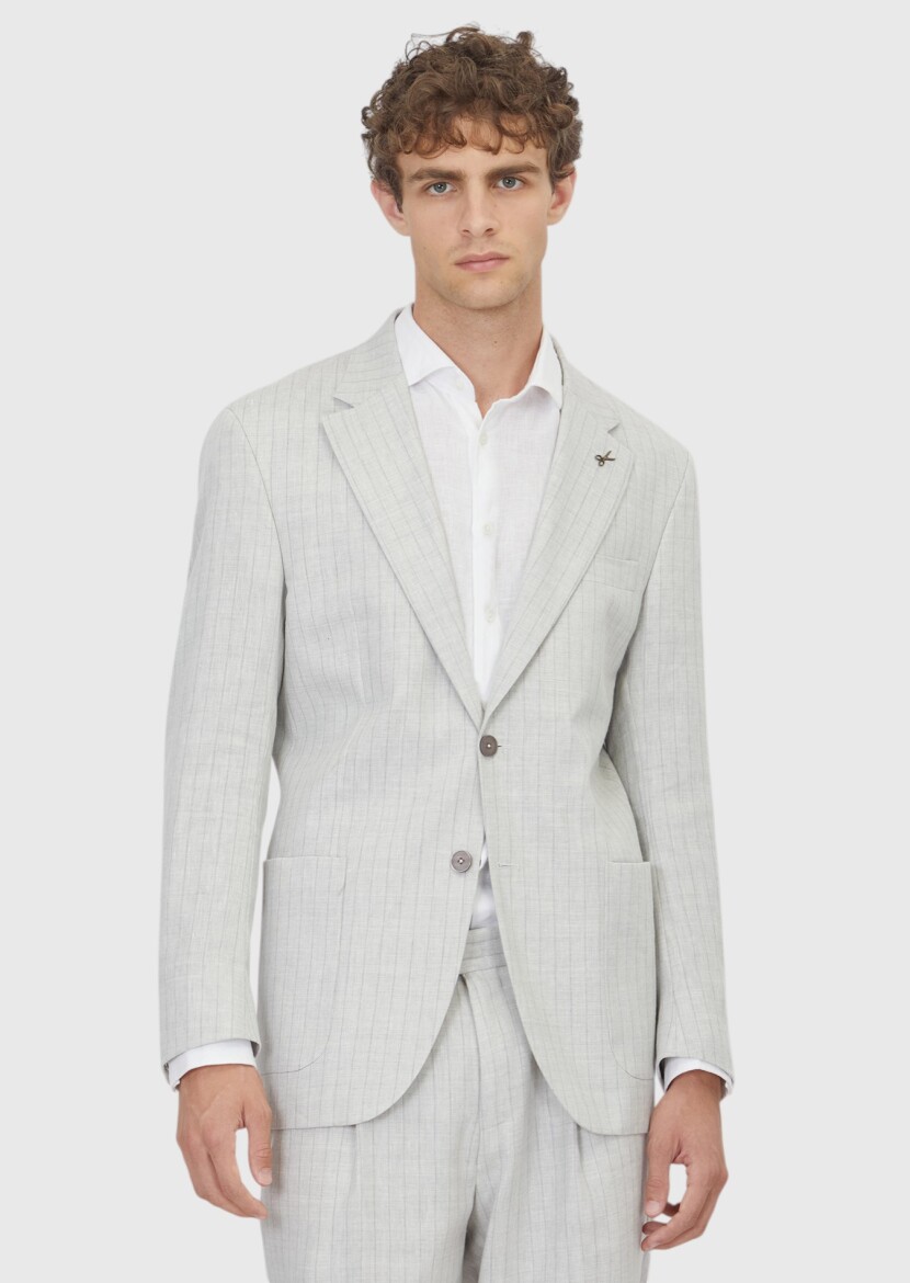 Light Grey Striped Zeroweight Slim Fit Wool Blended Suit - RAMSEY