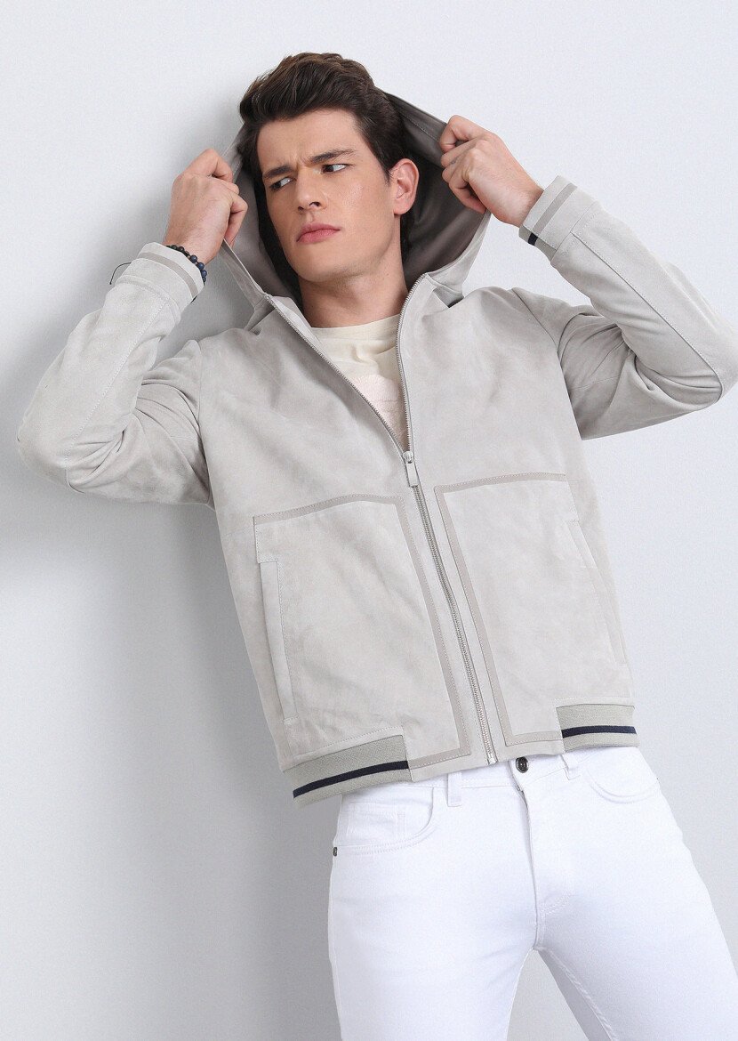 Light Grey Suede Leather Coat - 3
