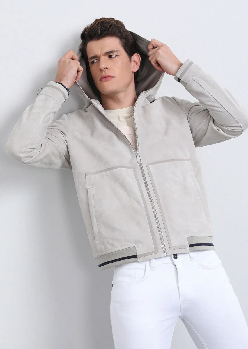 Light Grey Suede Leather Coat - 3