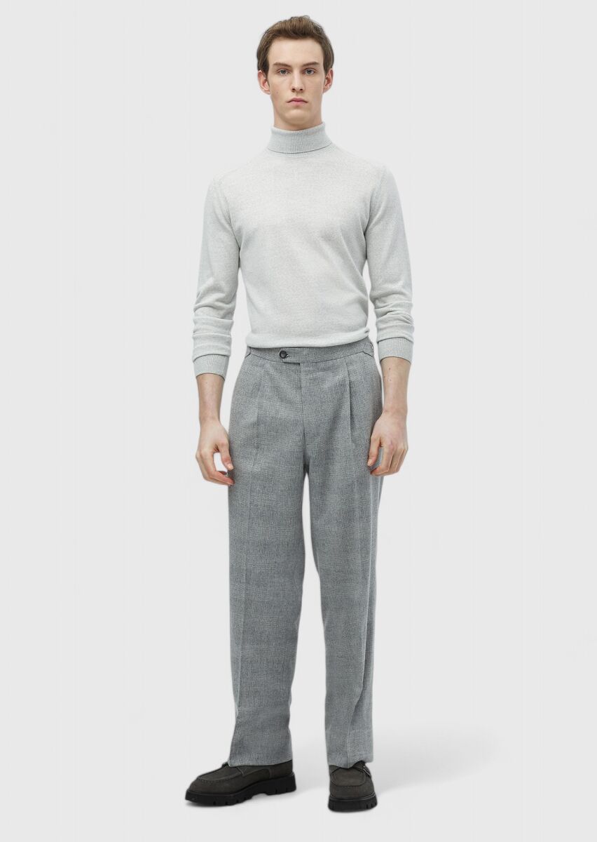 Light Grey Weaving Casual Wool Blended Trousers - 1