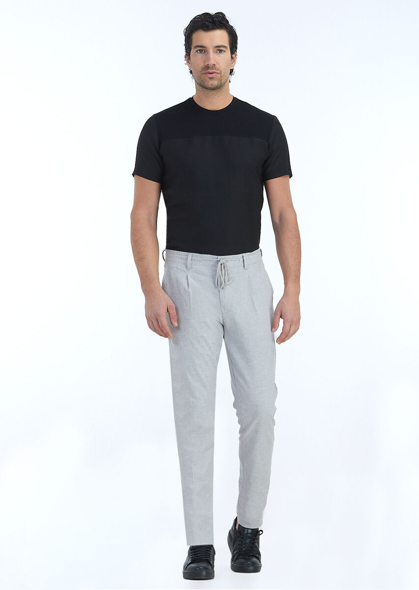 Light Grey Weaving Jogging Fit Casual Cotton Blended Trousers - 1