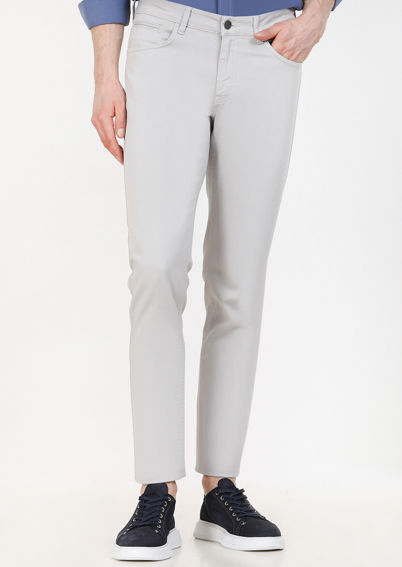 Light Grey Weaving Slim Fit Casual Cotton Blended Trousers 