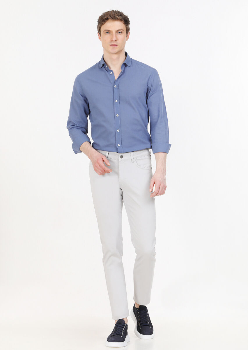 Light Grey Weaving Slim Fit Casual Cotton Blended Trousers - 5