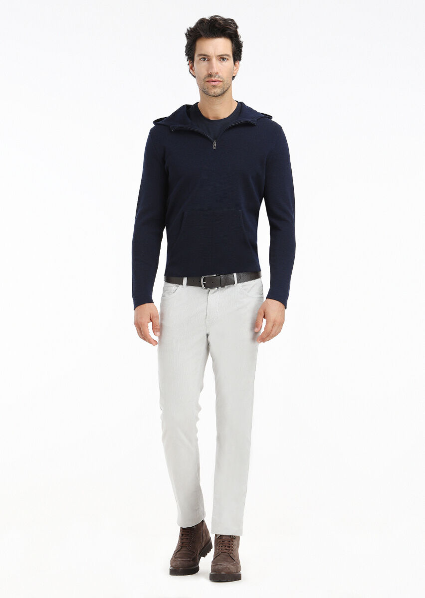 Light Grey Weaving Slim Fit Casual Cotton Blended Trousers - 1
