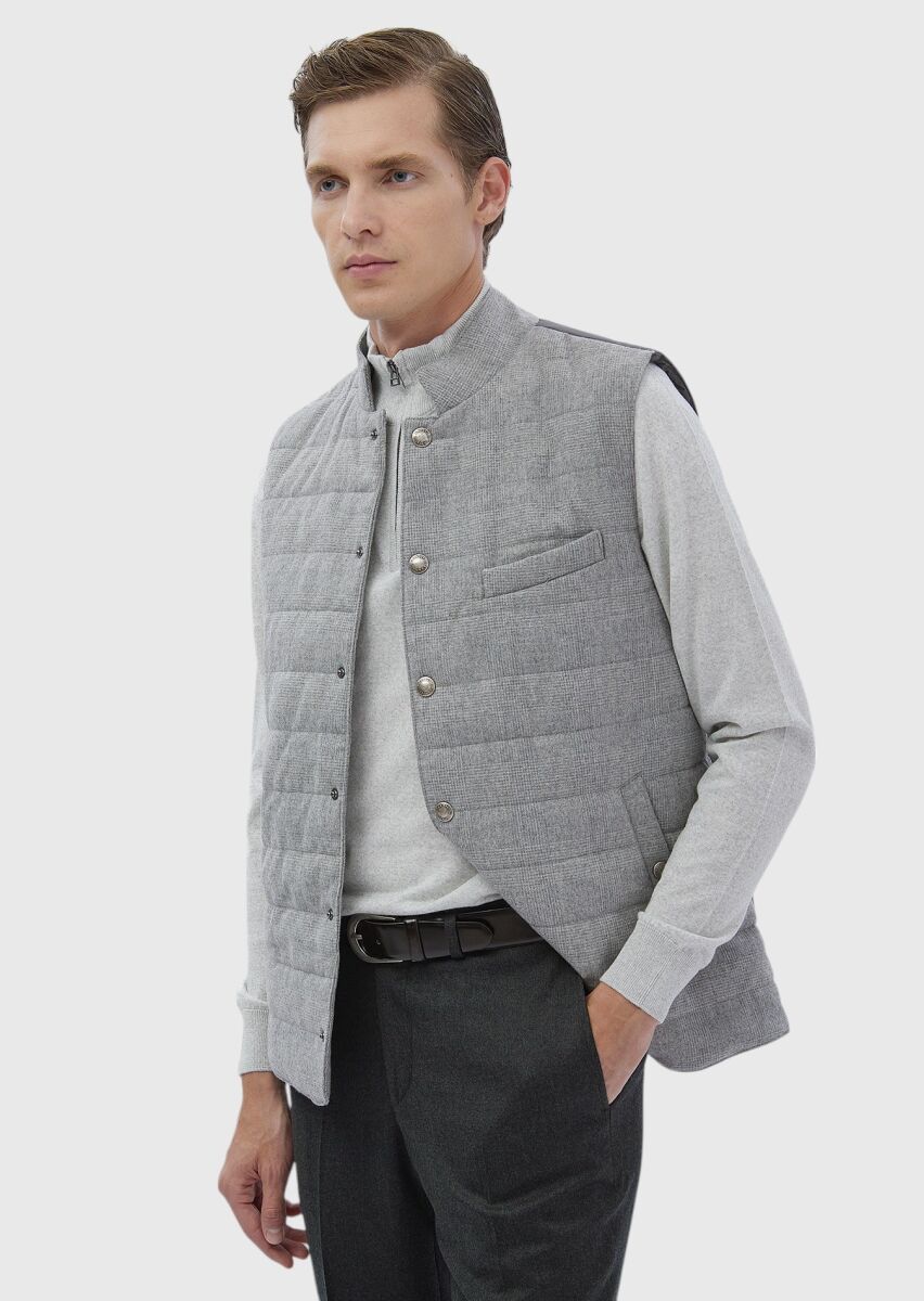 Light Grey Wool Blended Weaving Puffer Vest - 1