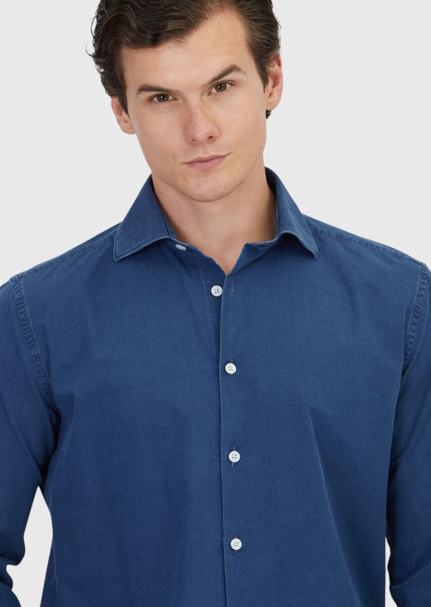 Light Indigo Plain Casual Fit Long Weaving Casual 100% Cotton Shirt - 3