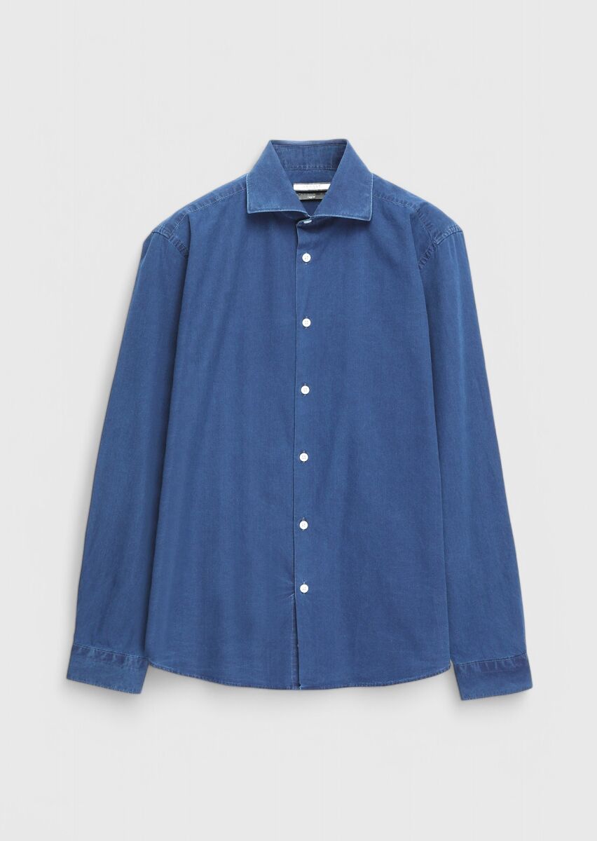 Light Indigo Plain Casual Fit Weaving Casual 100% Cotton Shirt - 6