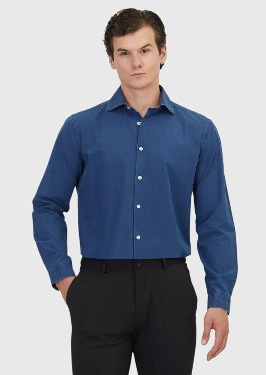 Light Indigo Plain Casual Fit Weaving Casual 100% Cotton Shirt - 1