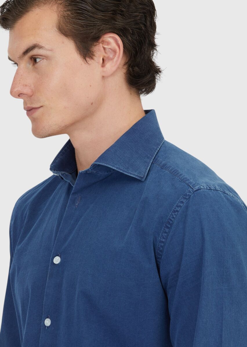 Light Indigo Plain Casual Fit Weaving Casual 100% Cotton Shirt - 4