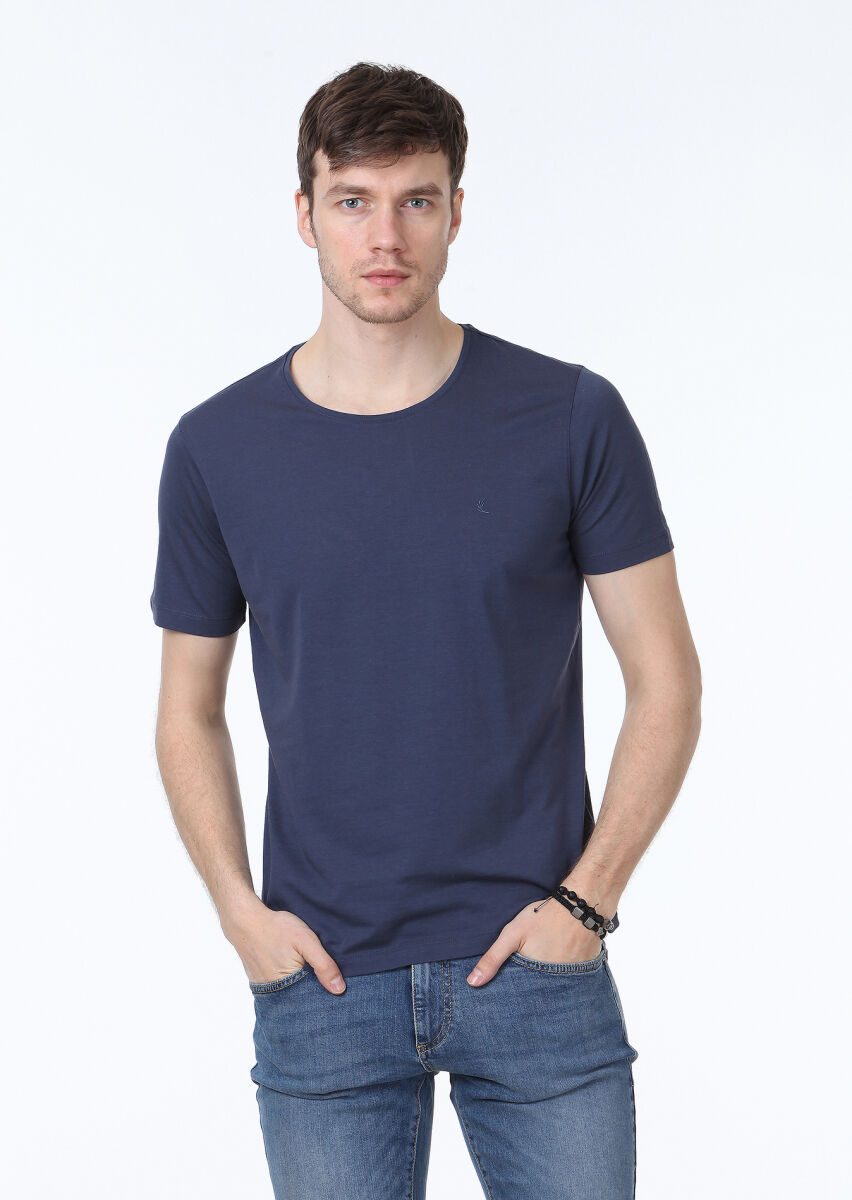 Light Indigo Plain Cotton Blended T-Shirt - 1