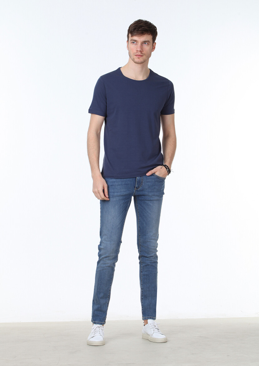 Light Indigo Plain Cotton Blended T-Shirt - 2