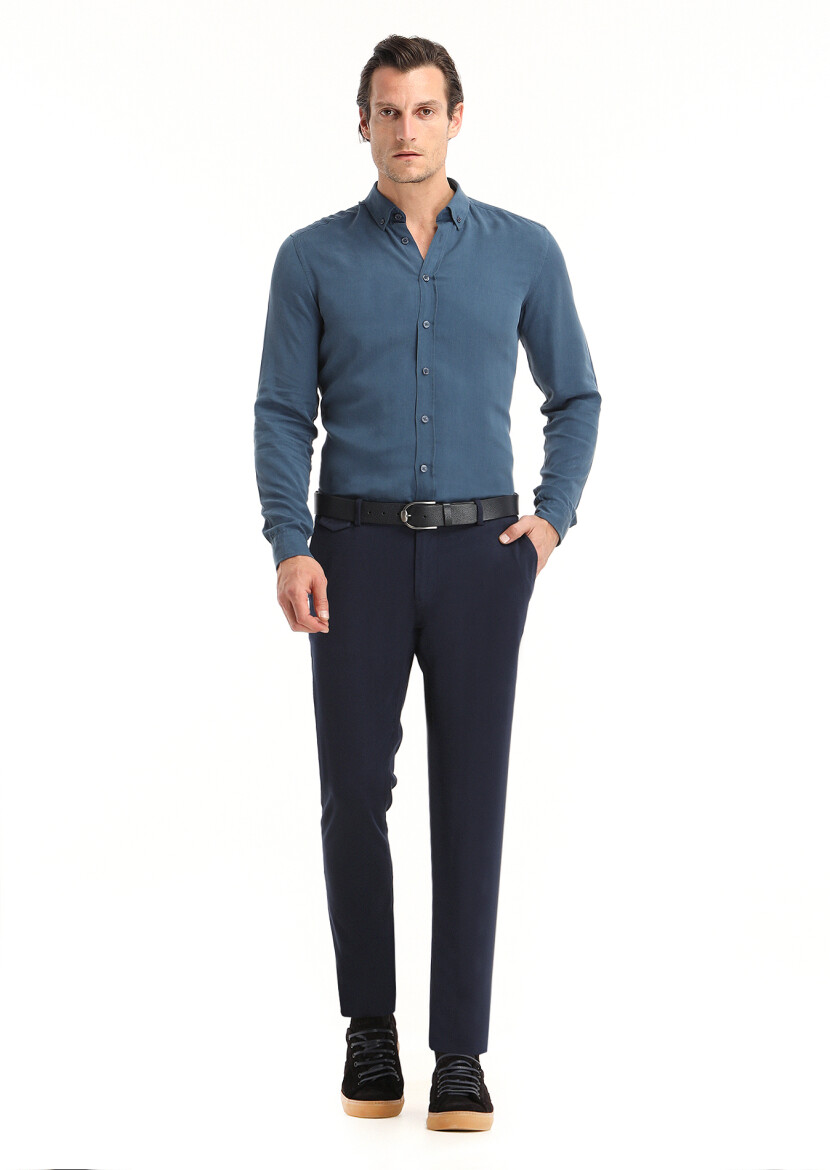 Light Indigo Plain Regular Fit Long Weaving Casual Shirt - 1