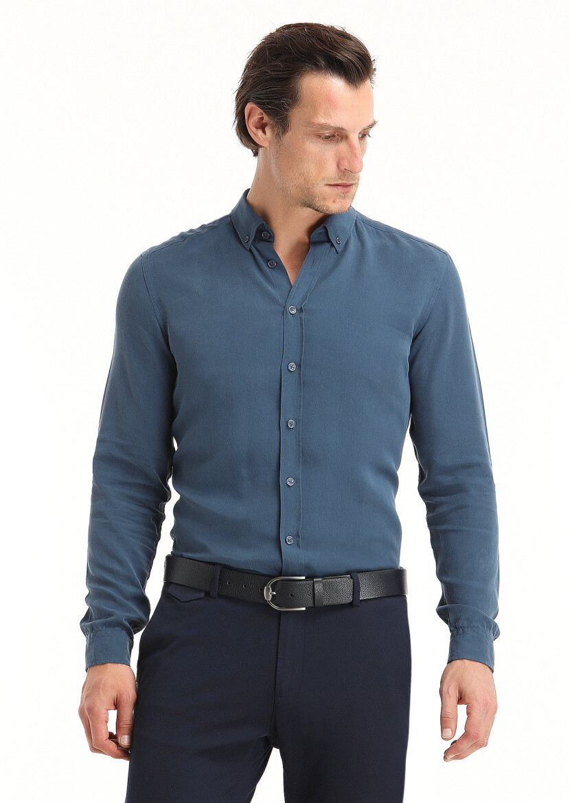 Light Indigo Plain Regular Fit Long Weaving Casual Shirt 