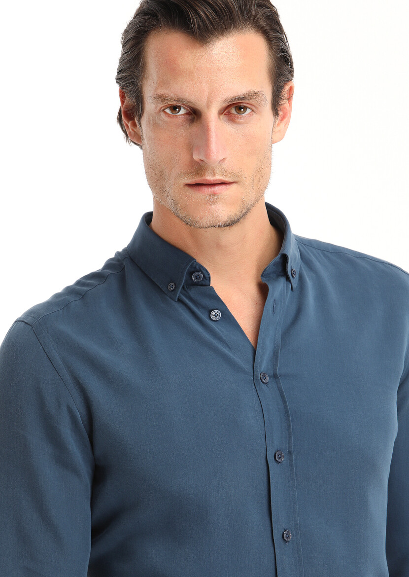 Light Indigo Plain Regular Fit Long Weaving Casual Shirt - 3