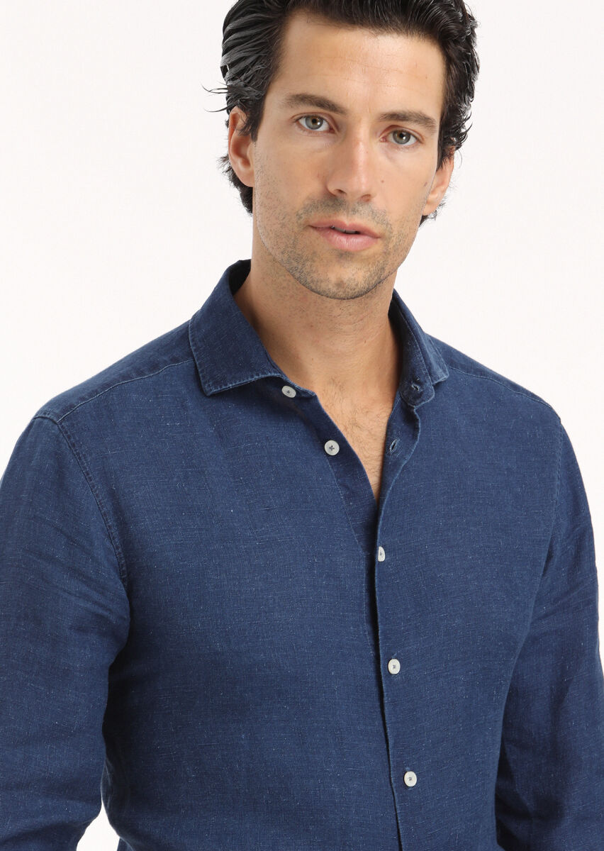 Light Indigo Plain Regular Fit Long Weaving Casual Shirt - 5