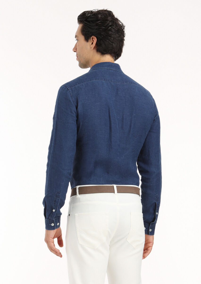 Light Indigo Plain Regular Fit Long Weaving Casual Shirt - 6