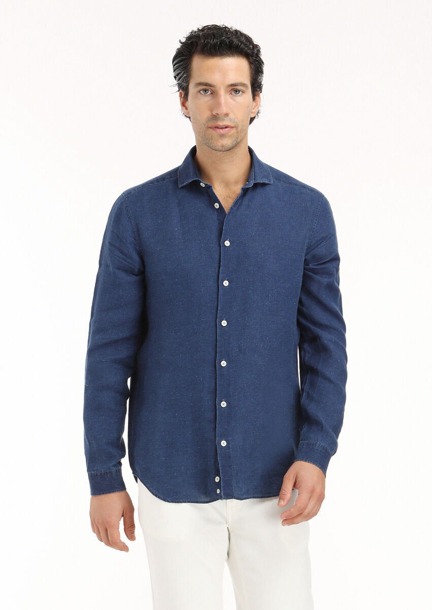 Light Indigo Plain Regular Fit Weaving Casual Shirt - 2