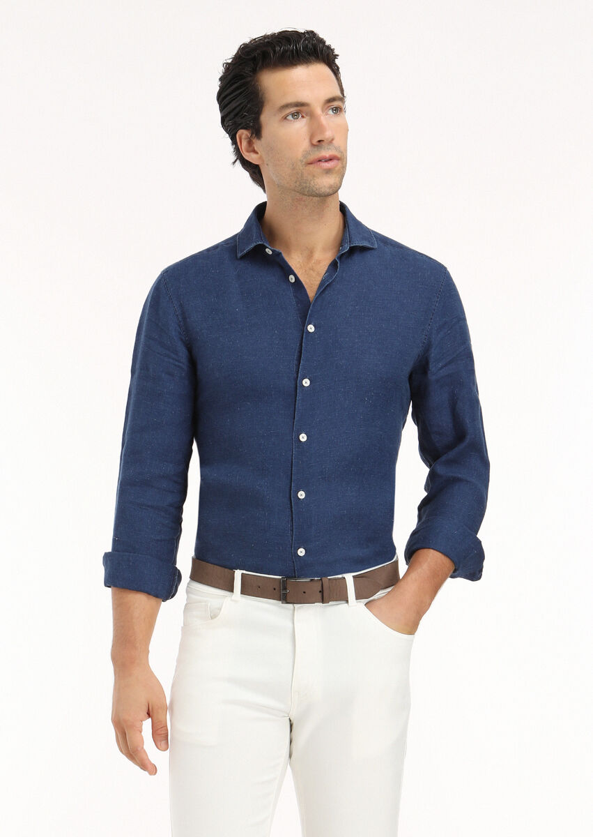 Light Indigo Plain Regular Fit Weaving Casual Shirt - 3