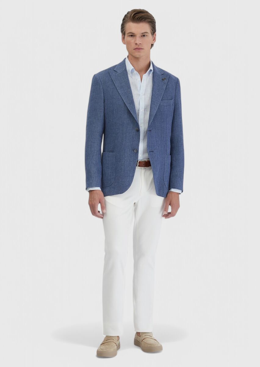 Light Indigo Plain Shirt Shoulder Slim Fit Linen Blended Jacket - 2