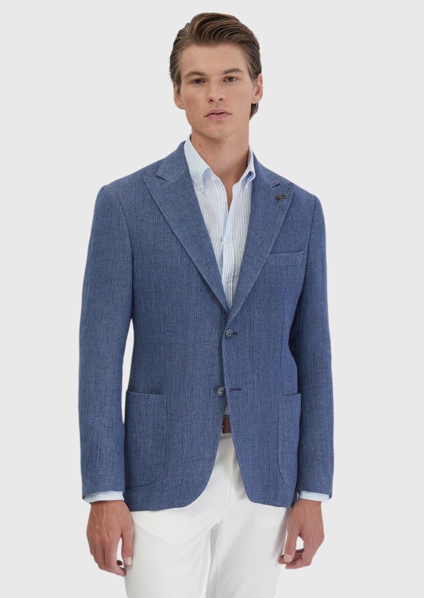 Light Indigo Plain Shirt Shoulder Slim Fit Linen Blended Jacket - 3