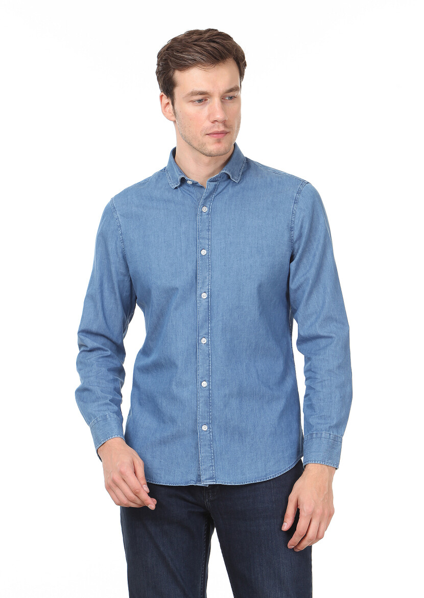 Light Indigo Plain Slim Fit Long Weaving Denim 100% Cotton Shirt - 1