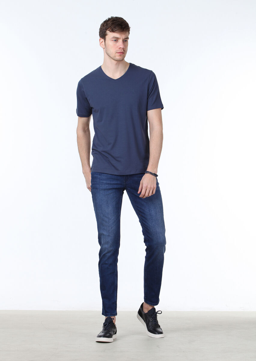 Light Indigo Plain V-Neck Cotton Blended T-Shirt - 2