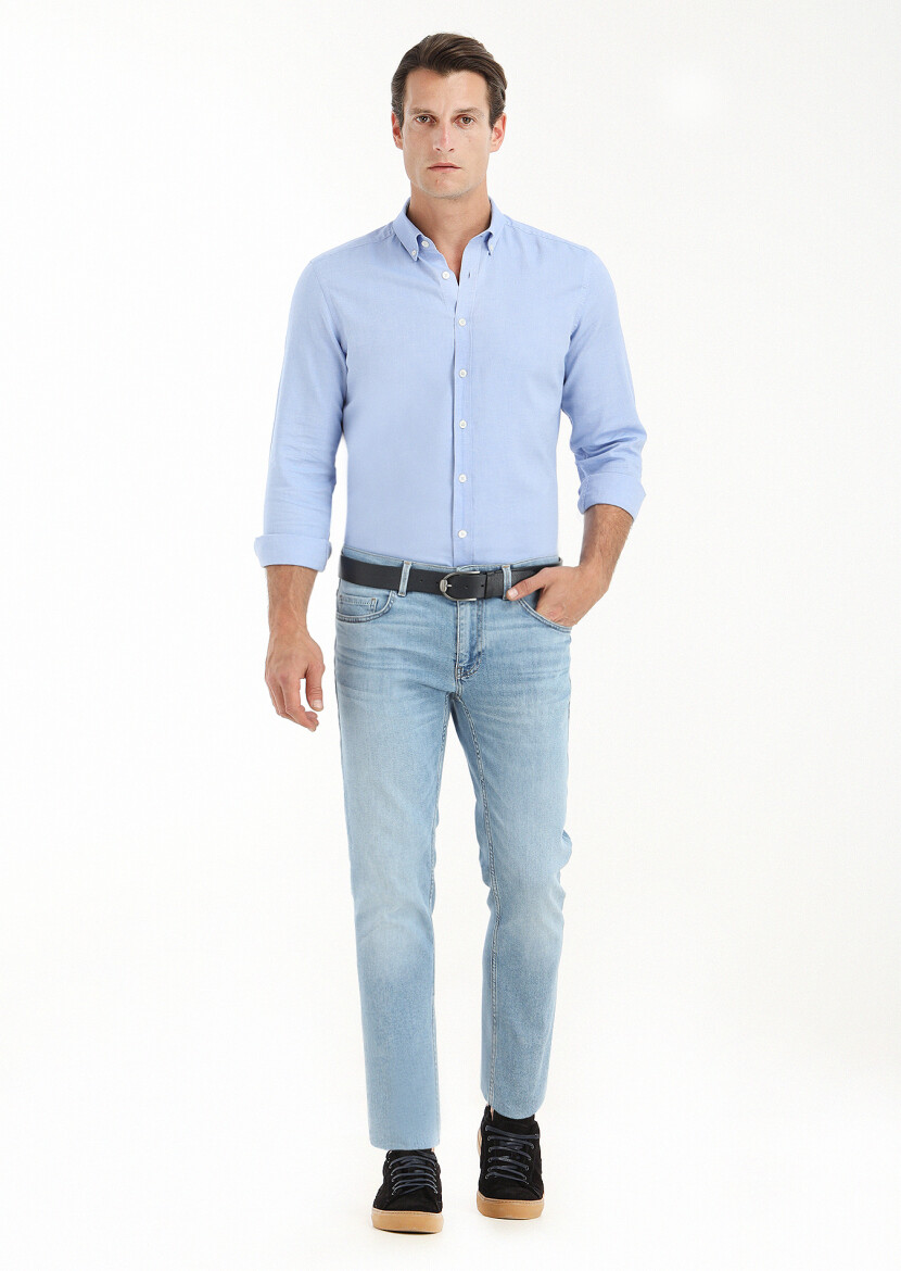 Light Indigo Slim Fit Denim Cotton Blended Trousers - 1