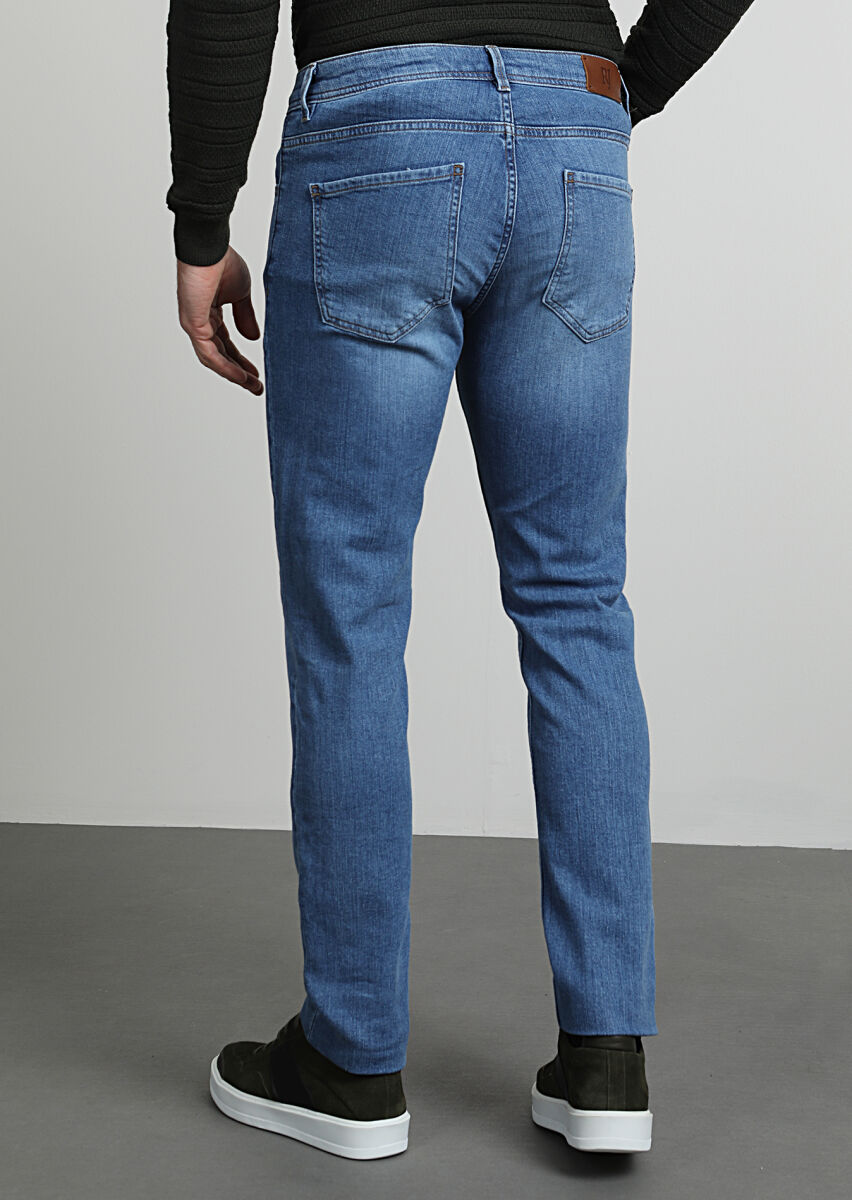 Light Indigo Slim Fit Denim Cotton Blended Trousers - 3