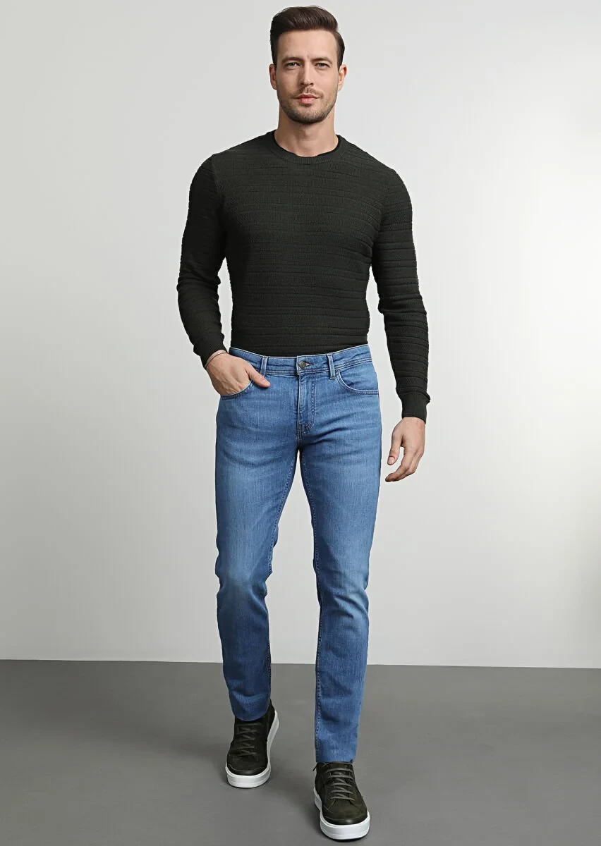 Light Indigo Slim Fit Denim Cotton Blended Trousers - 1