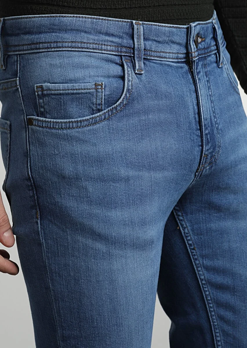 Light Indigo Slim Fit Denim Cotton Blended Trousers - 2