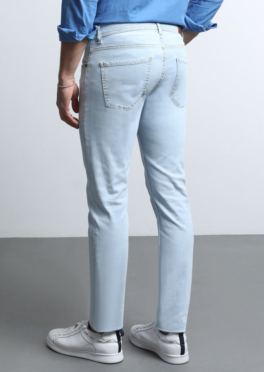 Light Indigo Slim Fit Denim Cotton Blended Trousers - 4