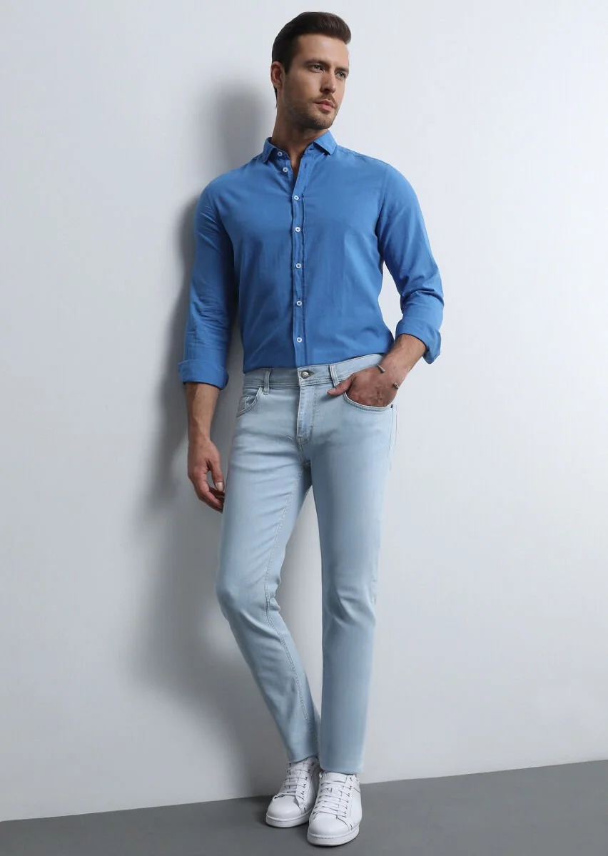 Light Indigo Slim Fit Denim Cotton Blended Trousers - 1