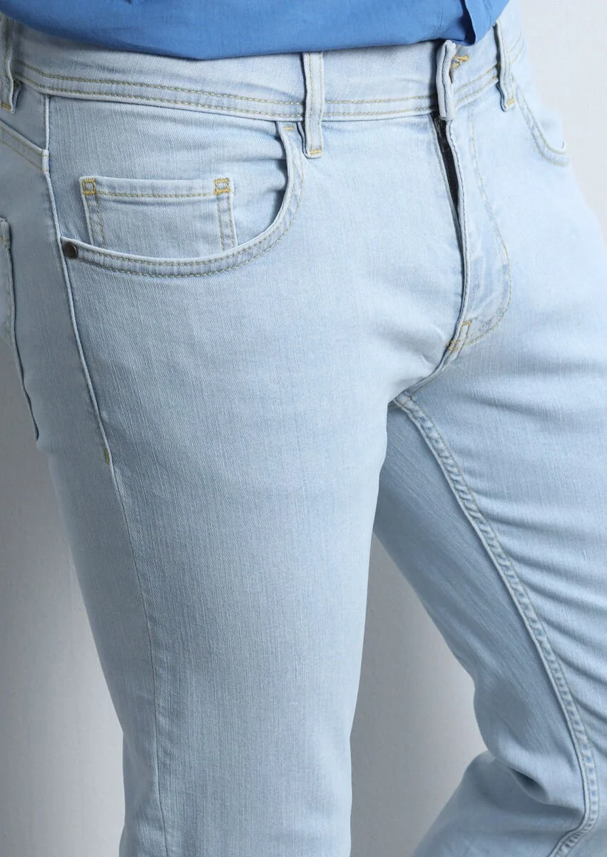 Light Indigo Slim Fit Denim Cotton Blended Trousers - 2