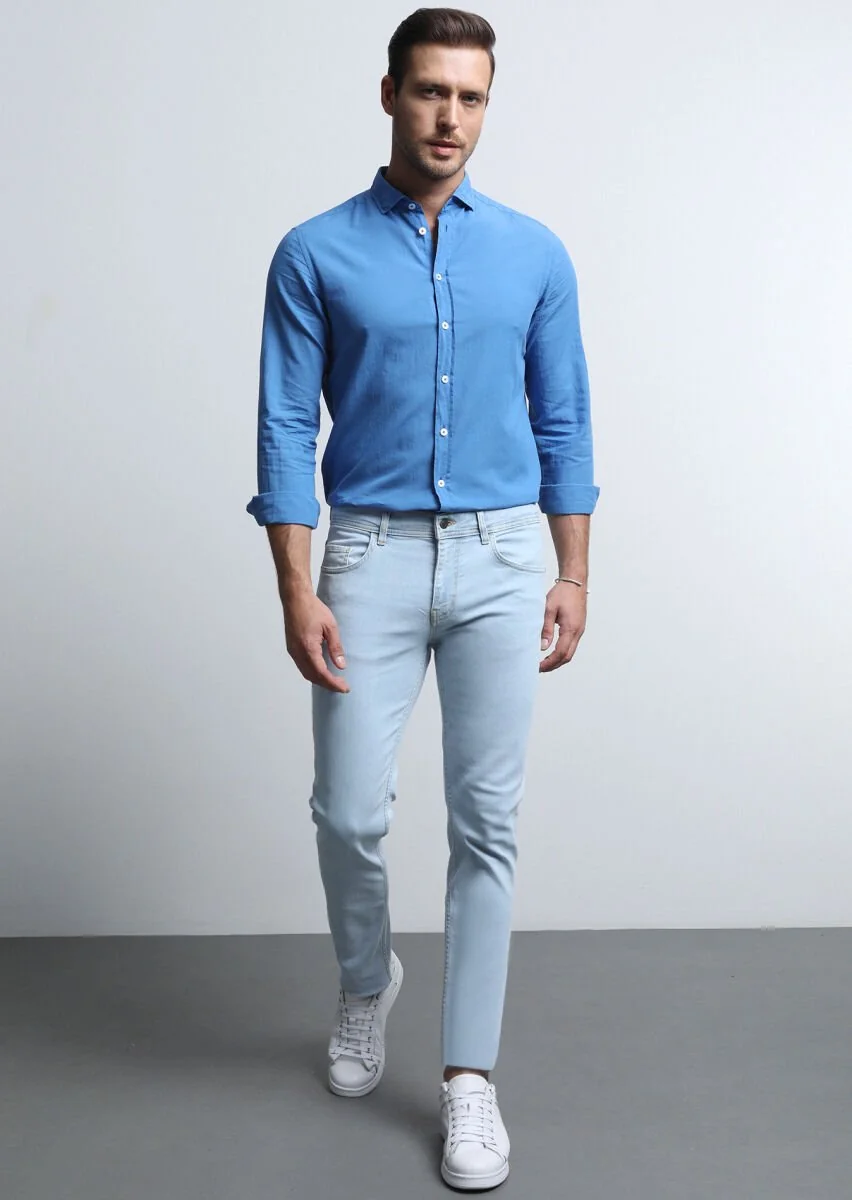 Light Indigo Slim Fit Denim Cotton Blended Trousers - 3