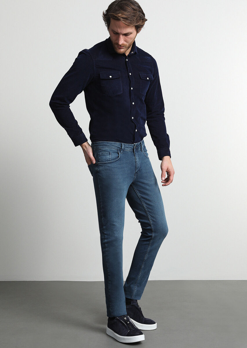 Light Indigo Slim Fit Denim Cotton Blended Trousers - 1