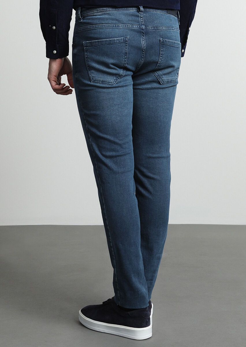Light Indigo Slim Fit Denim Cotton Blended Trousers - 3