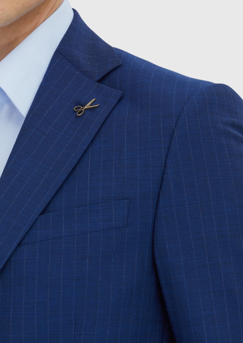 Light Indigo Striped Modern Fit Wool Blended Suit - 4