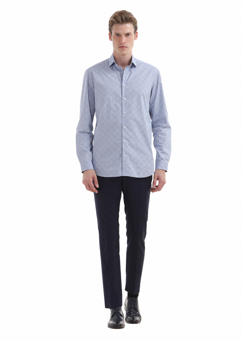 Light Indigo Striped Regular Fit Long Weaving Casual 100% Cotton Shirt - 1