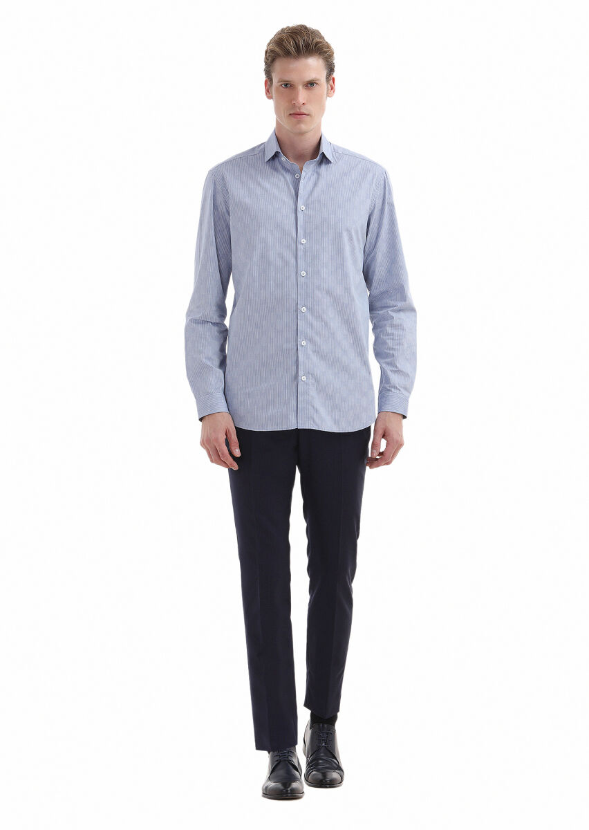 Light Indigo Striped Regular Fit Long Weaving Casual 100% Cotton Shirt - 1
