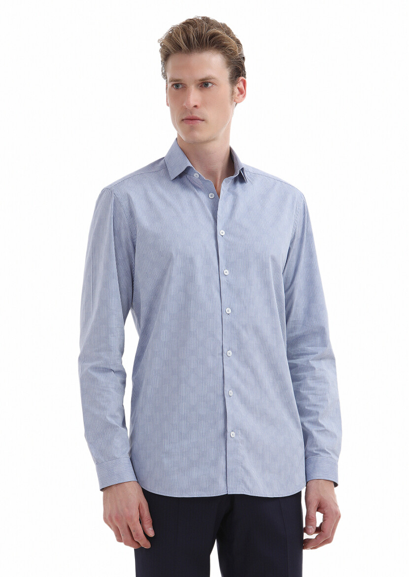 Light Indigo Striped Regular Fit Long Weaving Casual 100% Cotton Shirt - 2