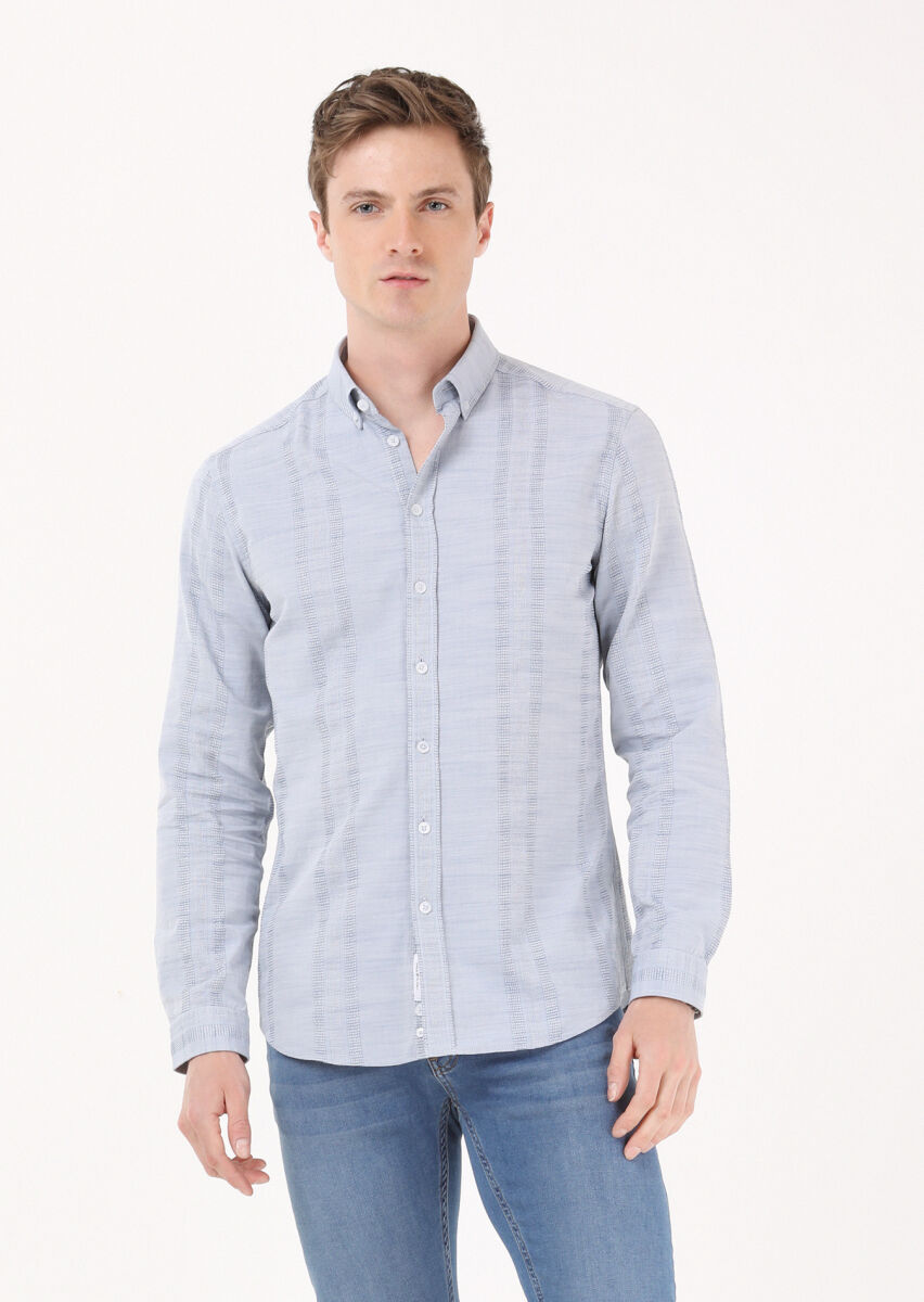 Light Indigo Striped Slim Fit Long Weaving Casual 100% Cotton Shirt - 1